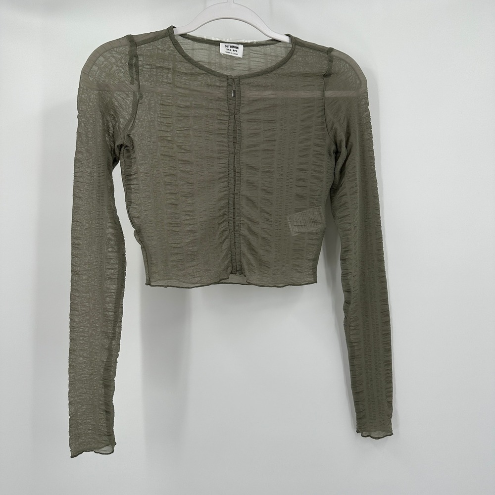 Womens Y2K Sheer Cropped Top XXS Coquette‎ Mesh Grunge Stretch Olive Minimalist